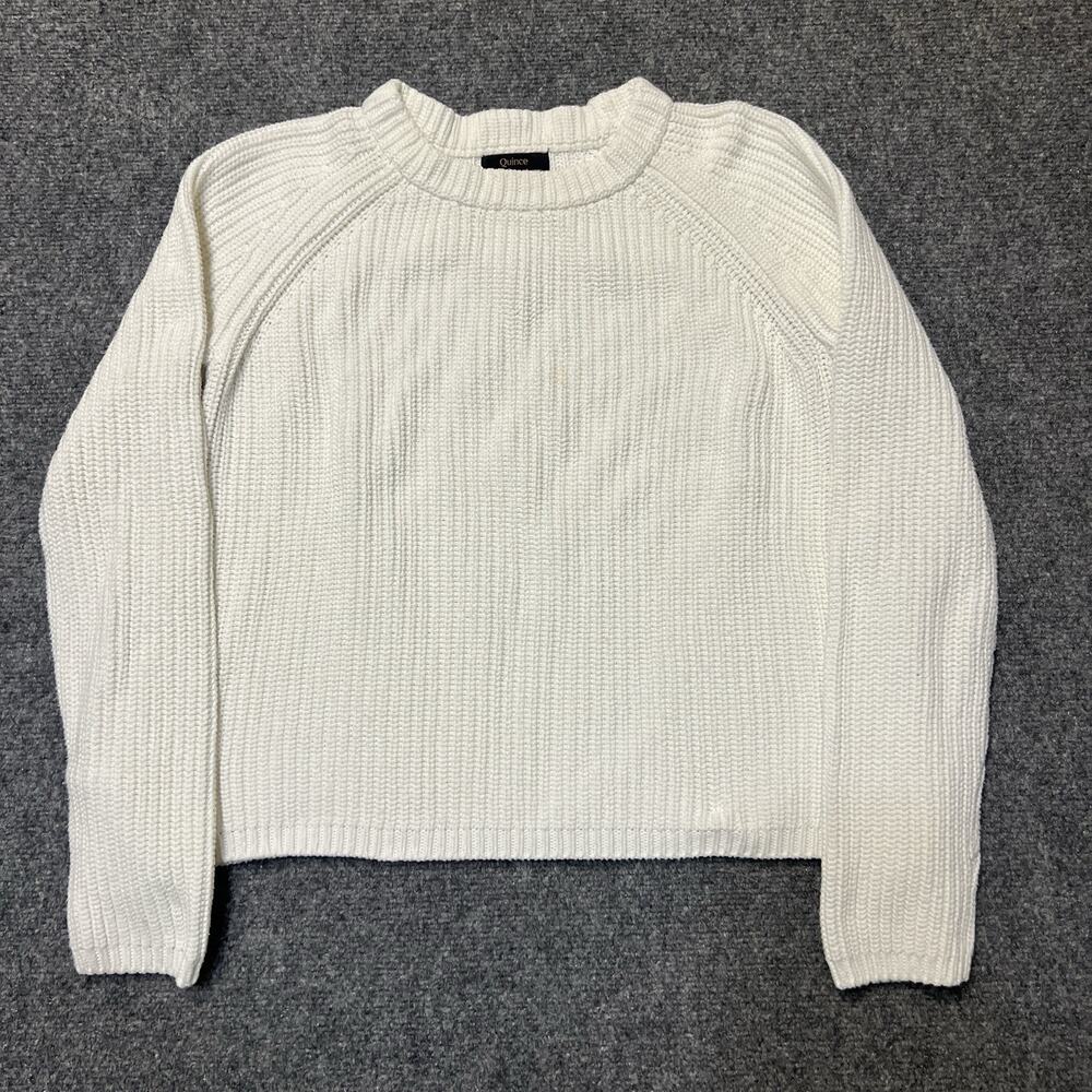 Quince Fisherman Crew Sweater Ivory 100% Organic Cotton Ribbed Knit Crewneck S